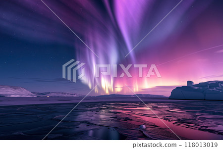 Greenland: Starry sky illuminated by purple aurora Greenland: Starry sky illuminated by purple aurora 118013019