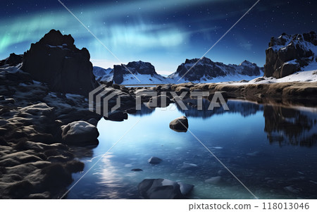冰島的極光和火山岩、冰川和水面反射的星空 118013046
