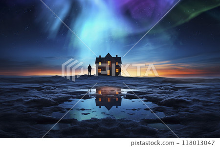 冰島的極光和日出，星空反射在房子和水面上 118013047