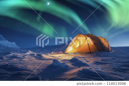 北極光：雪原帳篷上方的星空 118013096
