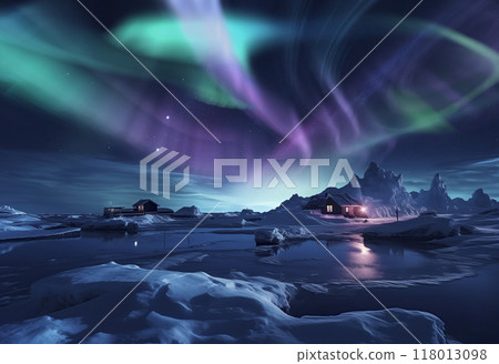 北極極光星空與冬釣小屋 118013098