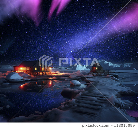 北極極光與釣魚小屋，冰川水面反射的星空 118013099