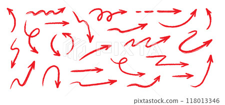 Arrow crayon brush doodle chalk red line stroke. Sketch pencil texture line scribble red arrow icon. Hand drawn grunge crayon brush sketch direction element set. Vector Arrow crayon brush doodle chalk red line stroke. Sketch pencil texture line scribble red arrow icon. Hand drawn grunge crayon brush sketch direction element set. Vector 118013346