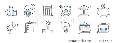 Hand drawn doodle business, money icon set. Finance, money, marketing sketch drawn cute trendy line doodle icon. Business bank, finance calculator, economic goal elements. Vector 118013347