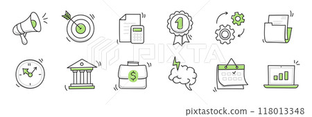 Hand drawn doodle business, money icon set. Finance, money, marketing sketch drawn cute trendy line doodle icon. Business bank, finance calculator, economic goal elements. Vector 118013348