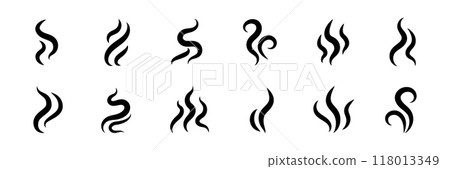 Smoke steam icon vector logo set. Smoke smell, steam aroma heat icon illustration. Hot vapor fire doodle line logo. Hit stink, coffee, fragrance flame elements. Vector 118013349
