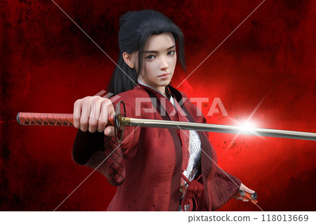 A female samurai in haori and hakama stands with her sword thrust forward. 118013669