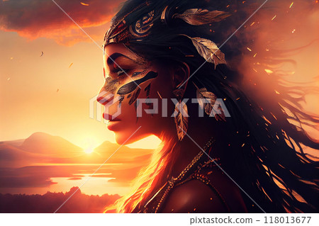 Beautiful portrait of shaman woman. Beautiful portrait of shaman woman. 118013677