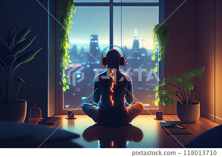a girl meditates in the lotus position at home with panoramic windows overlooking the city. 118013710