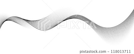 Dotted wavy line background. Black halftone undulate pattern. Abstract particle flow wave wallpaper. Curved dashed gradient net element for poser, banner design, presentation, booklet, flyer. Vector 118013711