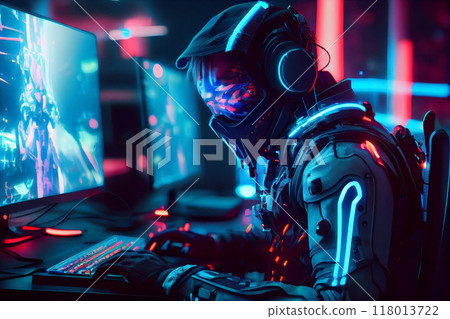 Professional cyber gamer studio room with personal computer armchair, keyboard for stream in neon color blur background. Soft focus. 118013722