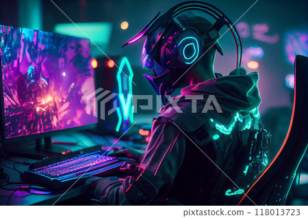 Professional cyber gamer studio room with personal computer armchair, keyboard for stream in neon color blur background. Soft focus. 118013723