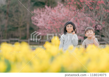 Siblings playing in a flower field Image of friendship 118014073