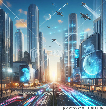 Futuristic cityscape with flying cars and digital billboards Futuristic cityscape with flying cars and digital billboards 118014107