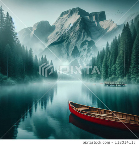 Misty mountain lake with a red canoe on the shore under a serene sky 118014115