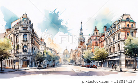 Watercolor sketch of a serene Paris street leading to a grand dome 118014127