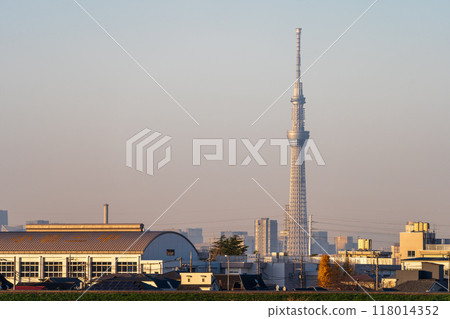 View of Tokyo Skytree at dusk from the Edogawa riverbed in Chiba Prefecture 118014352