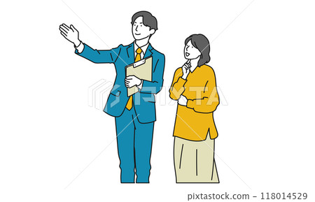 A simple illustration of a male real estate salesman giving a tour 118014529