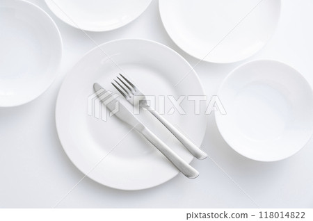 Simple white plate, fork and knife Simple white plate, fork and knife 118014822
