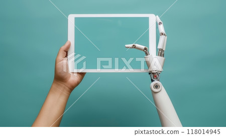 Prosthetic hand holding modern tablet with mockup on blue background for tech display Prosthetic hand holding modern tablet with mockup on blue background for tech display 118014945