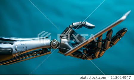Prosthetic hand holding tablet with mockup on blue background for modern technology display Prosthetic hand holding tablet with mockup on blue background for modern technology display 118014947