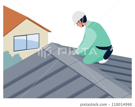 一名工人進行屋頂維修工作的向量圖 118014998