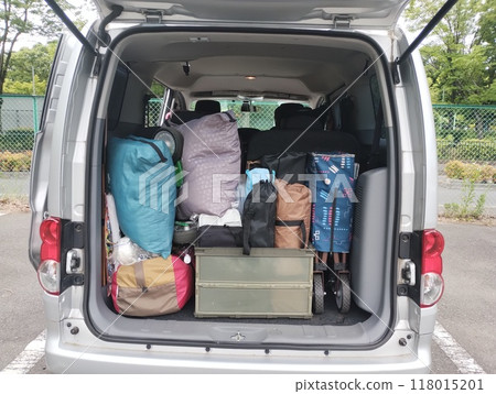 Camping equipment in the trunk of a car 118015201