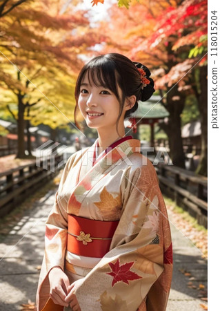 A smiling kimono woman in an arch of autumn leaves 118015204