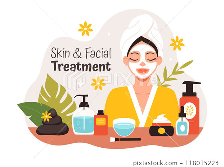 Vector Illustration of Facial and Skin Treatment featuring Womens Skincare, Anti Aging Procedures, Massage and SPA Wellness in a Cartoon Background 118015223