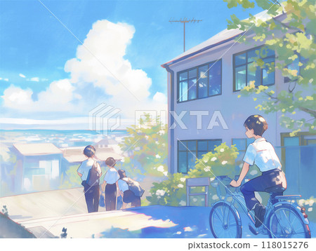 學校建築、學生上下學、水彩畫 118015276