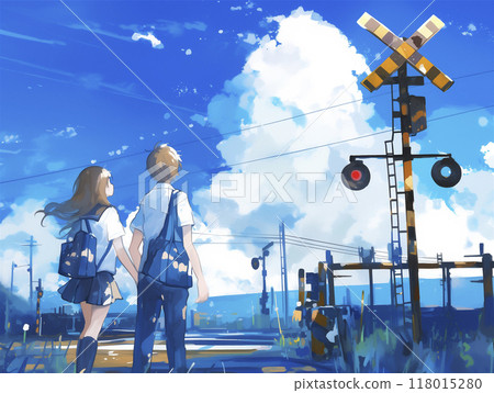 鐵路道口前男女上下學的水彩畫 118015280