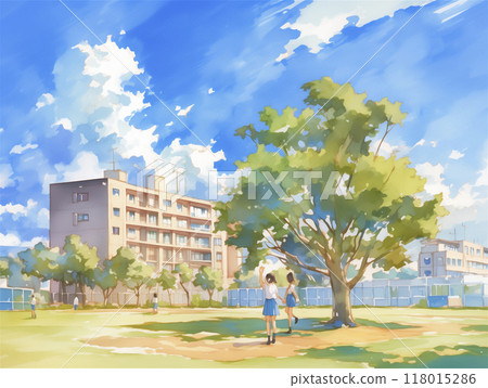 夏日的天空，學生和校園，水彩畫 118015286