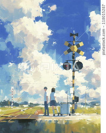 Boys and girls going to and from school in front of the railroad crossing, watercolor painting 118015287