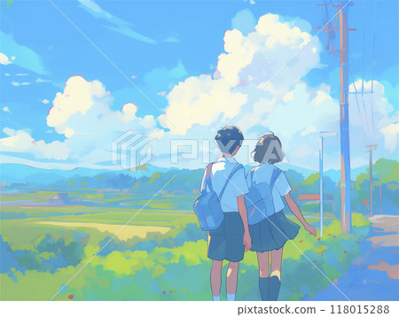 Student life: Boys and girls going to and from school, watercolor painting Student life: Boys and girls going to and from school, watercolor painting 118015288
