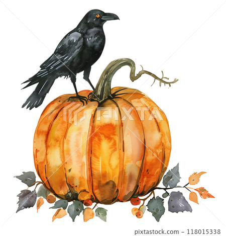 A pumpkin with a crow perched on top 118015338