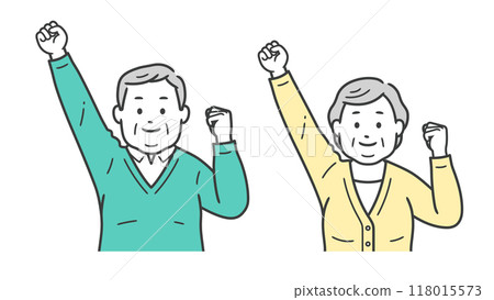 Upper body illustration of an elderly chubby man and woman doing a fist pump 118015573