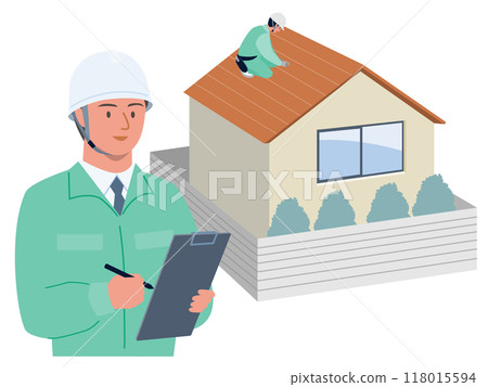 裝修公司員工評估屋頂以進行屋頂維修估價的向量圖 118015594