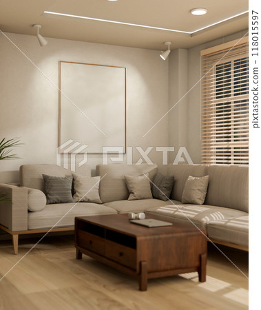 A large blank frame mockup on a white wall, illuminated by ceiling spot lights in a living room. 118015597
