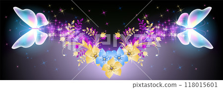Flying delightful butterflies with sparkle and blazing trail flying in night sky among shiny glowing stars in cosmic space. Animal protection day concept. Flying delightful butterflies with sparkle and blazing trail flying in night sky among shiny glowing stars in cosmic space. Animal protection day concept. 118015601
