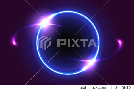 Glowing round frame on dark fantastic background. Abstract neon space portal into another dimension. Glowing round frame on dark fantastic background. Abstract neon space portal into another dimension. 118015610