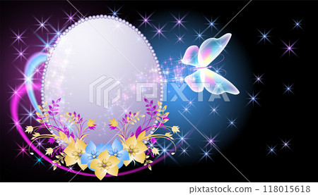 Glowing fairytale round frame with magical transparent butterfly and flowers. Abstract fantastic blue background. Glowing fairytale round frame with magical transparent butterfly and flowers. Abstract fantastic blue background. 118015618