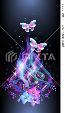 Glowing fairytale wave smoke with magical butterflies against the background of the starry night sky. Abstract fantastic background. 118015633