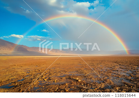 雨後崎嶇土地上的大彩虹 AI 生成素材 118015644