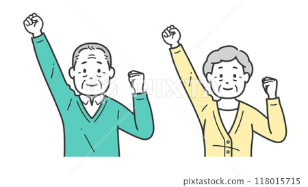Upper body illustration of elderly men and women doing fist pumps Upper body illustration of elderly men and women doing fist pumps 118015715