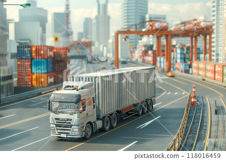 Containers being transported by semi-trailer and containers lined up at a container terminal 118016459