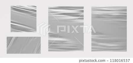 3d foil silver, crumpled metal texture background, steel wrap paper sheets, wrinkled fabric or plastic material, film pieces, polyethylene package mockup isolated on gray background. 3D illustration 118016537