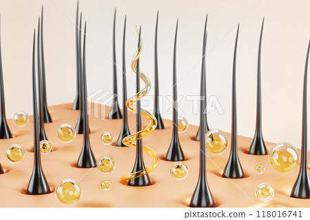 3d hair care, scalp with follicles, golden spiral swirl and oil drops. Keratin repair, nourish and treatment. Yellow liquid droplets of cosmetic product serum or shampoo render banner. 3D illustration 118016741