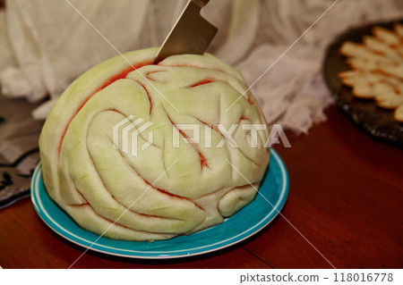 Culinary Artistry in Watermelon Brain Fruit Carving for Festive Event 118016778