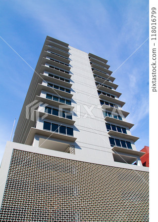 Upward View of Modern High-Rise and Blue Sky in Fort Wayne, Indiana Upward View of Modern High-Rise and Blue Sky in Fort Wayne, Indiana 118016799