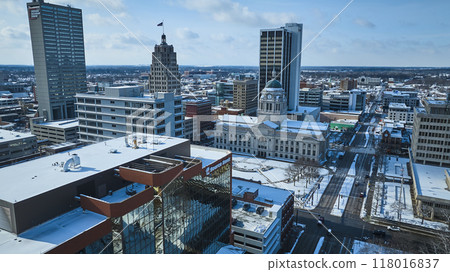 Aerial Winter Cityscape, Snowy Downtown Fort Wayne, Clear Blue Sky 118016837